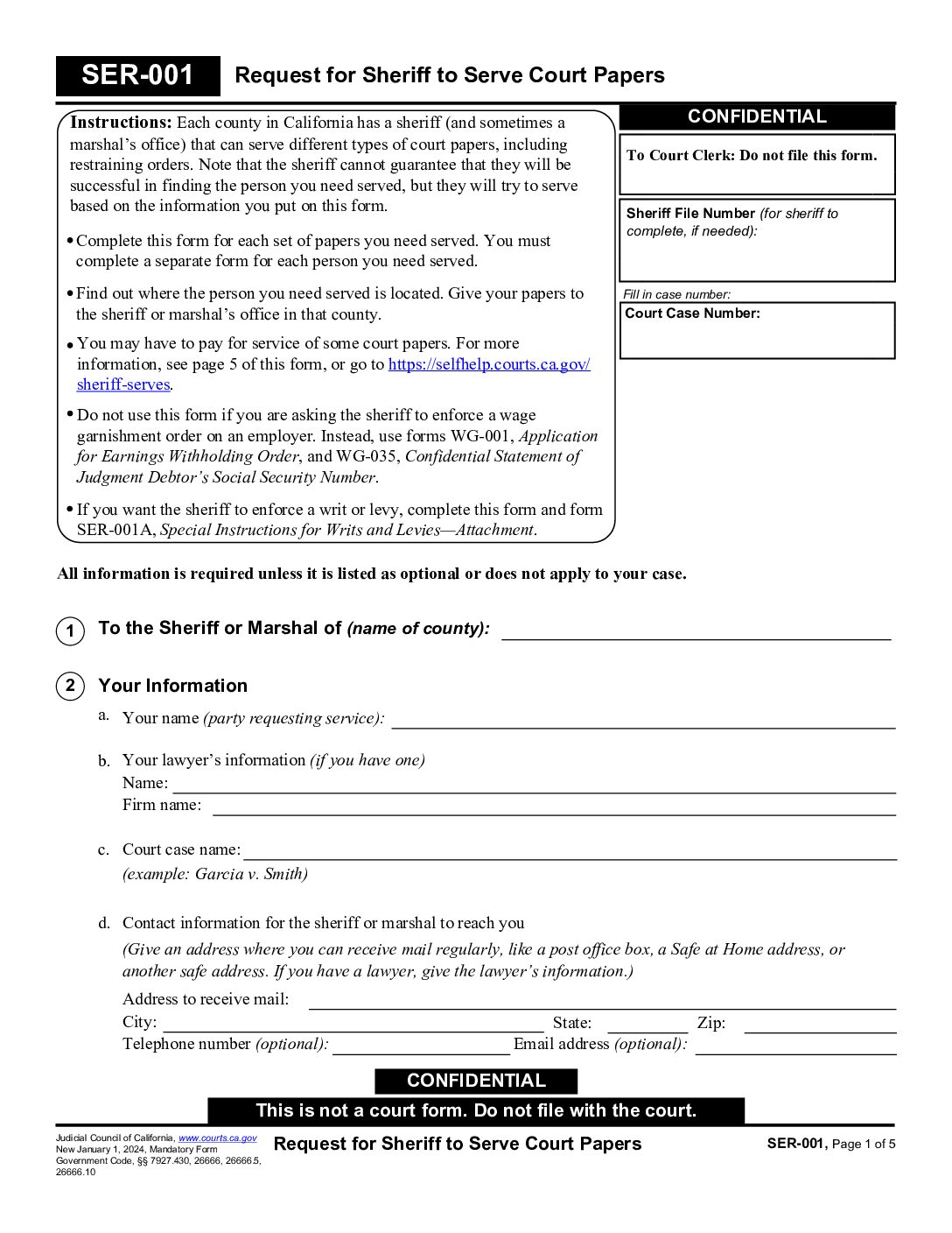 SER-001 Request for Sheriff to Serve Court Papers