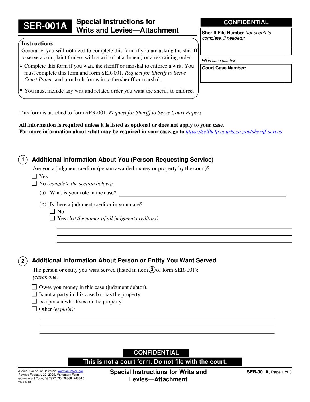 SER-001A Special Instructions for Writs and Levies-Attachment