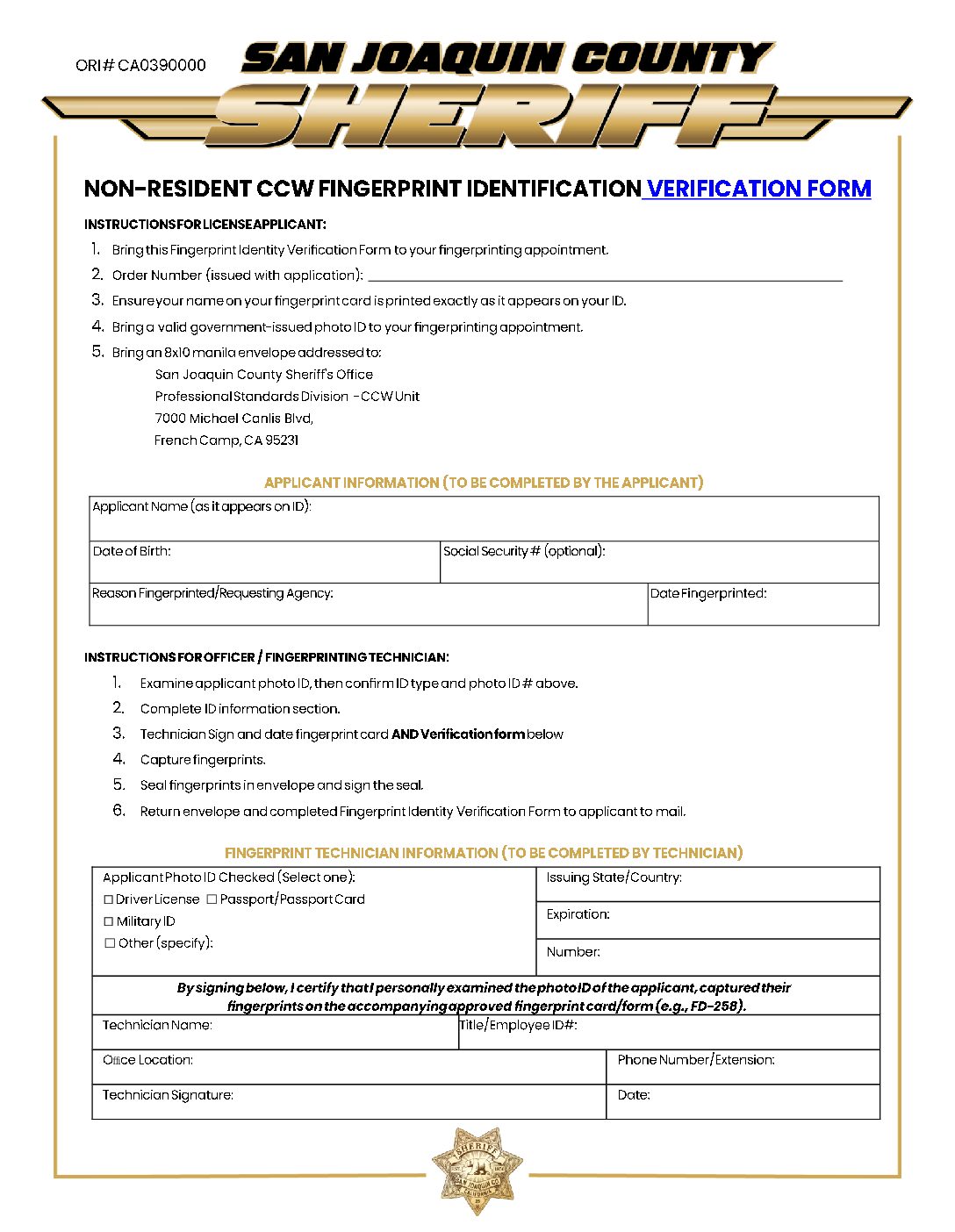 CCW Fingerprint Requirements (Out of State – Non Residents)