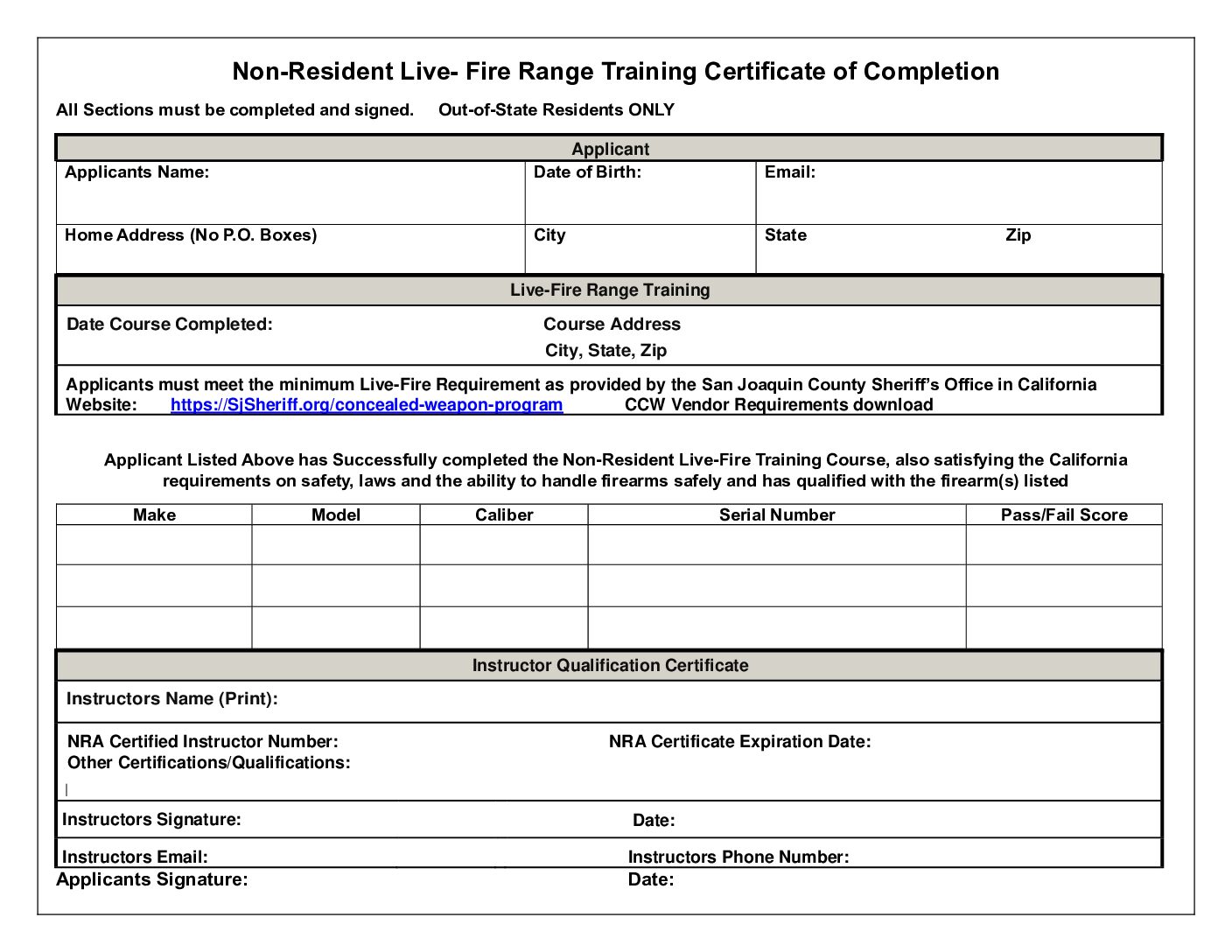 CCW Vendor Requirements Certificate of Completion (Out of State – Non Residents)
